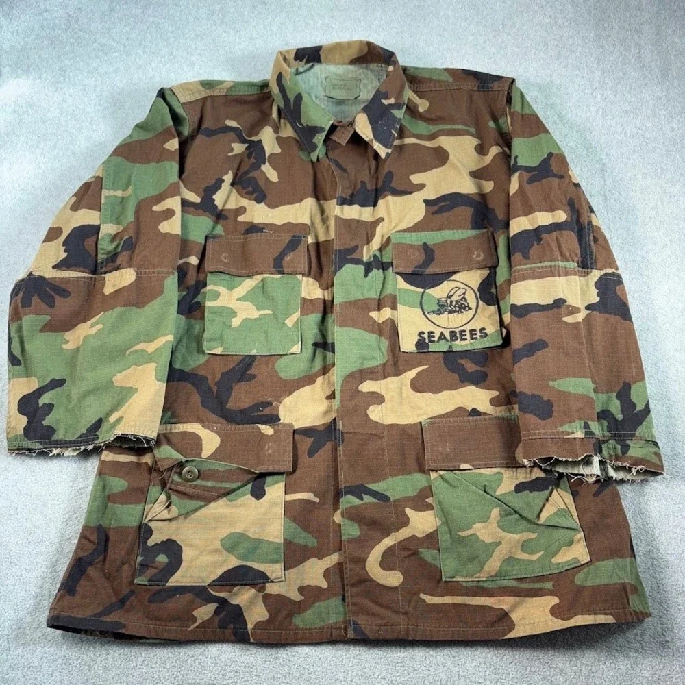 VTG 90s US Navy Seabees Woodland Camo BDU Coat XL Regular NSN 8415-01-390-8555